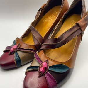 Multi-Color Leather Mary Jane Heels with Decorative Petal Accent